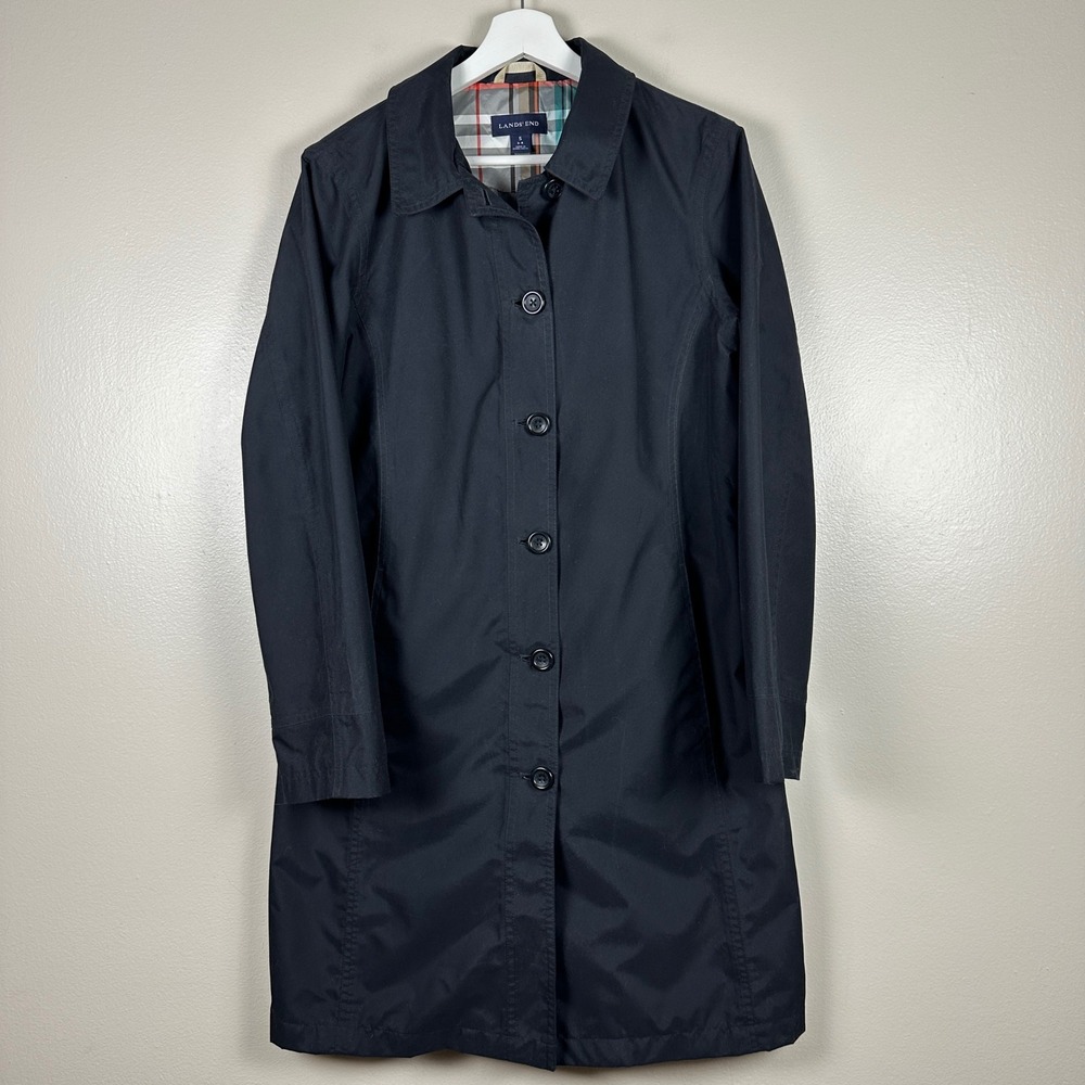 Lands' End Women's S Trench Coat Navy Blue Plaid Lined Button Front Preppy